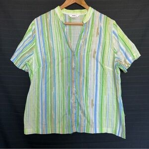 Alia Shirt Green White Stripes Short Sleeve Button Up V Neck Women's 14P Petite